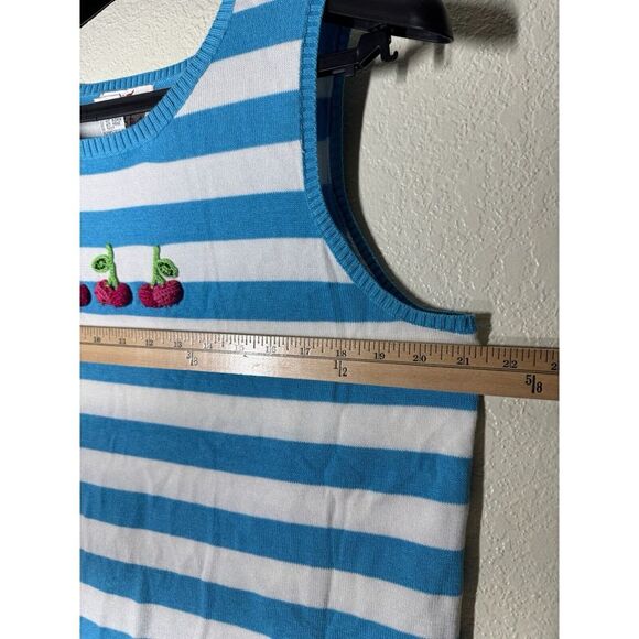 Quacker Factory Retro‎ Blue & White Stripe Cherry Sleeveless Sweater Size Large - Picture 4 of 5